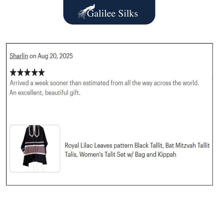 Royal Lilac Leaves pattern Black Tallit for Women, Bat Mitzvah Tallit