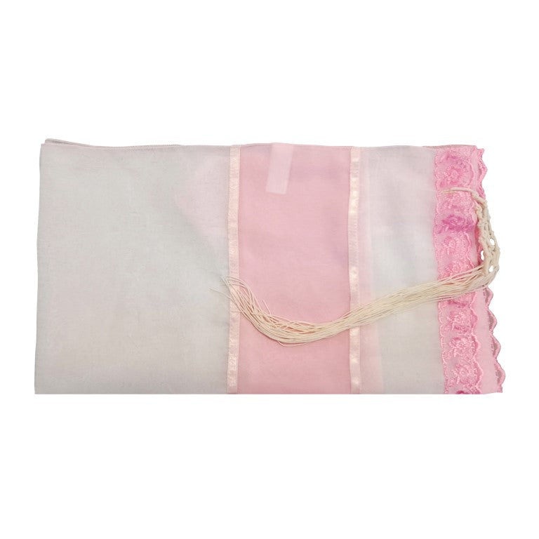 Pink Lace Decorated Tallit for Girl, Bat Mitzvah Tallit, Women's Tallit flat