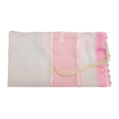 Pink Lace Decorated Tallit for Girl, Bat Mitzvah Tallit, Women's Tallit flat