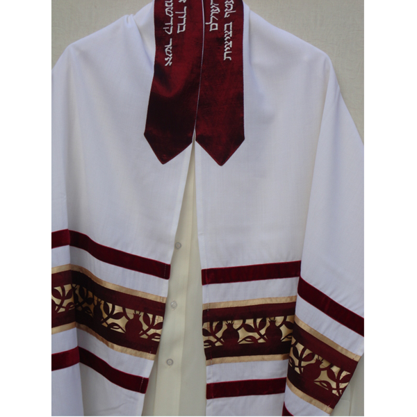 Galilee Silks Dark Red Pomegranate Tallit for men, bar mitzvah tallit