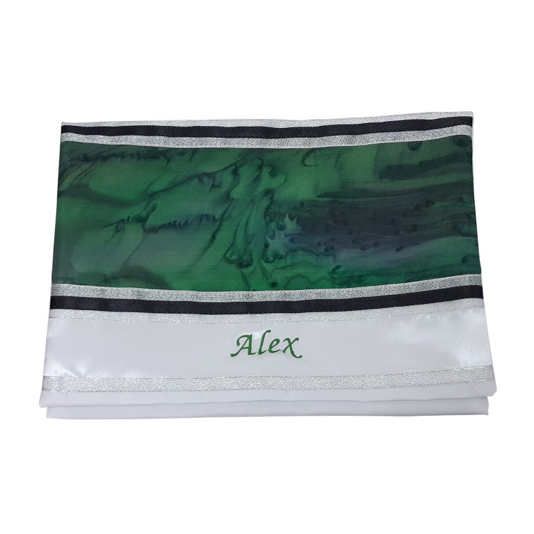 The Green Marble Hand Painted Silk on Wool Wedding Tallit, Chuppah Tallit name