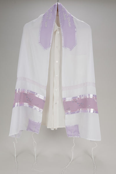 VIOLET SHEER PRAYER SHAWL WITH FLORAL DECORATION