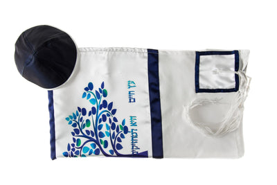 Blue Tree of Life Bar Mitzvah tallit Set by Galilee Silks