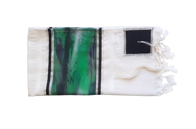 The Green Marble Hand Painted Silk on Wool Tallit, Bar Mitzva Tallit, Tzitzit, Jewish Prayer Shawl flat