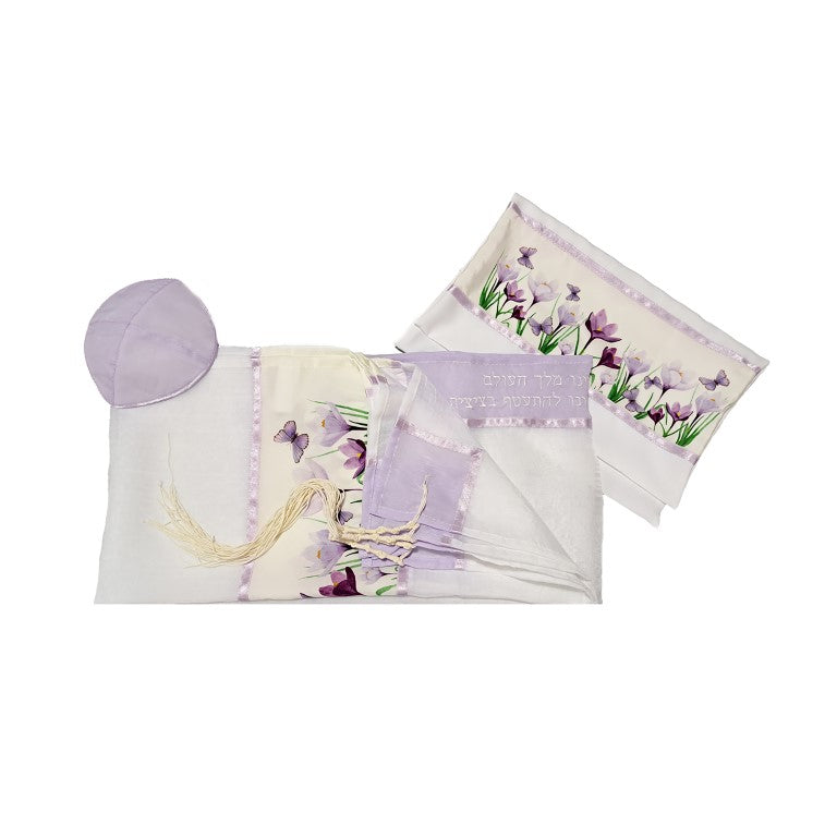 Lilac Crocuses Field Tallit for Women, Girl Tallit, Tzitzit, Bat Mitzvah Tallit Prayer Shawl set