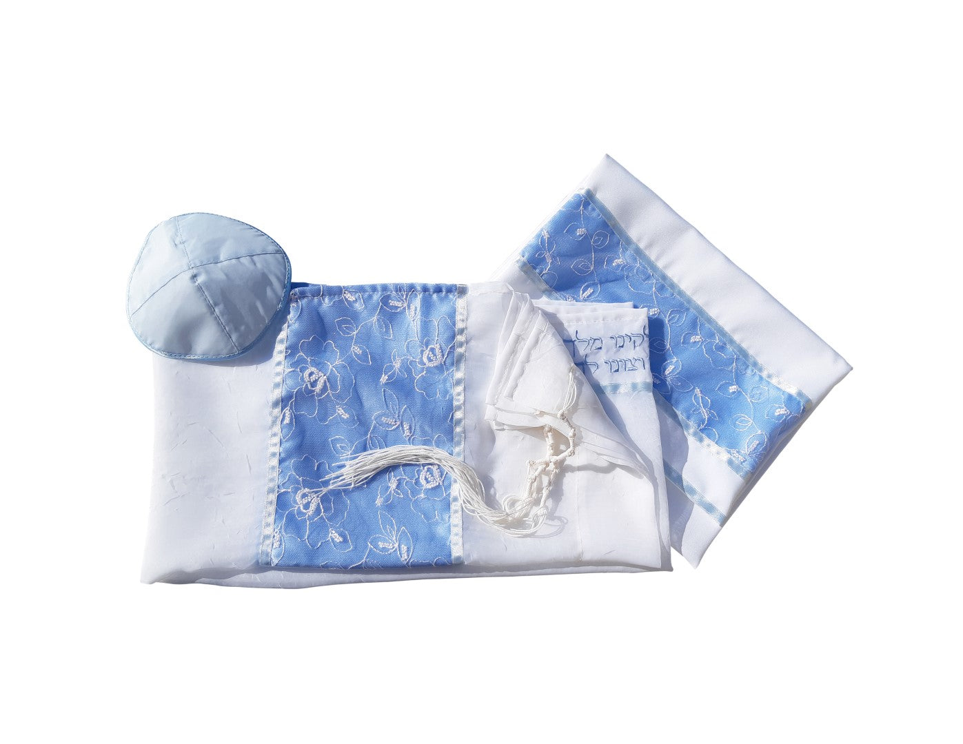 Opaque Baby Blue and Silver Floral Tallit for women, Bat Mitzvah Tallit SET, Tallit for Girl