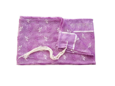 Delicate Lilac Floral Embroidery Tallit for women, Bat Mitzvah Tallit flat 1, Tallit for Girl, Tzitzit