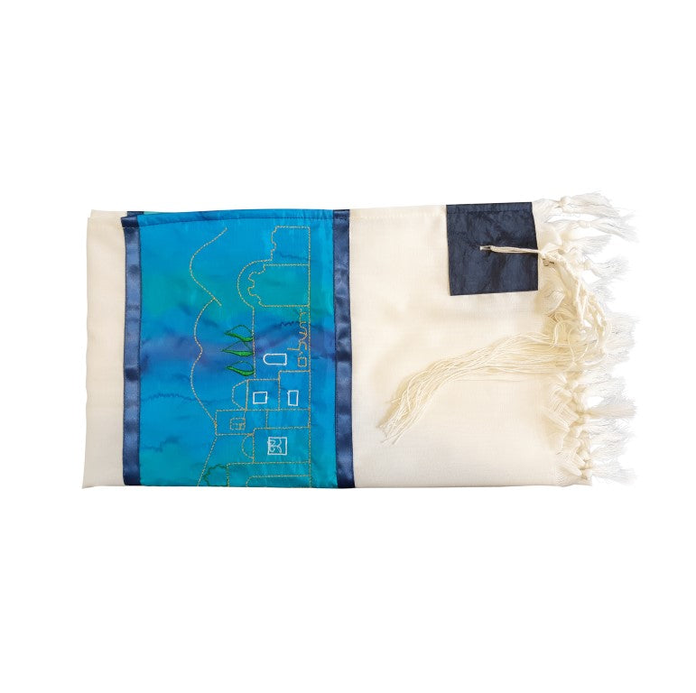 Tallit With Jerusalem Embroidery In Gold, Bar Mitzvah Tallit Set, Wool Tallit flat