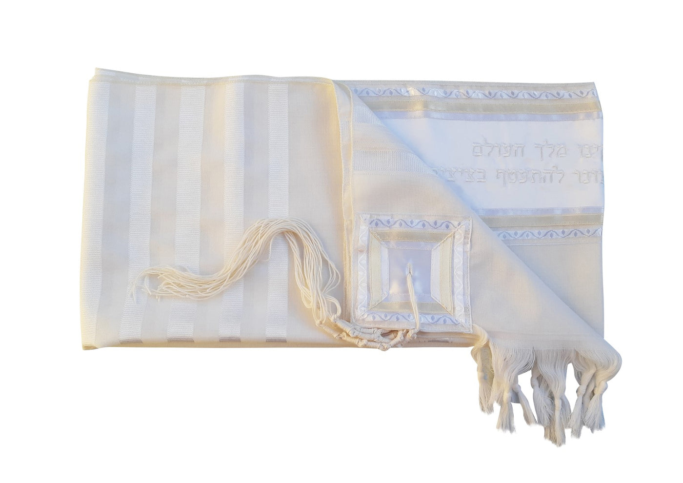 White On White Classic Tallit, Bar Mitzvah Tallit Set, Tallit Prayer Shawl, Tzitzit Custom Tallit, Hebrew Prayer Shawl flat 2