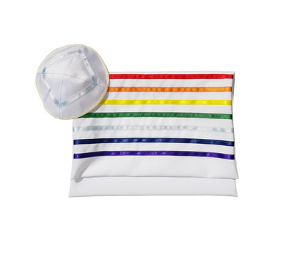 Handmade Wool Rainbow Tallitbag and kippah, Joseph's Coat of Many Colors Tallis, Bar Mitzvah Tallit Set, Talit for Man, Tzitzit