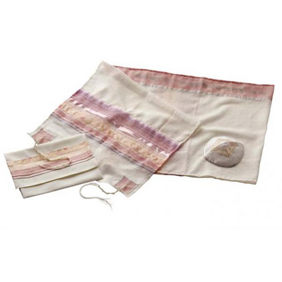 Cream & Pink Tallit for Women, wool tallis for woman