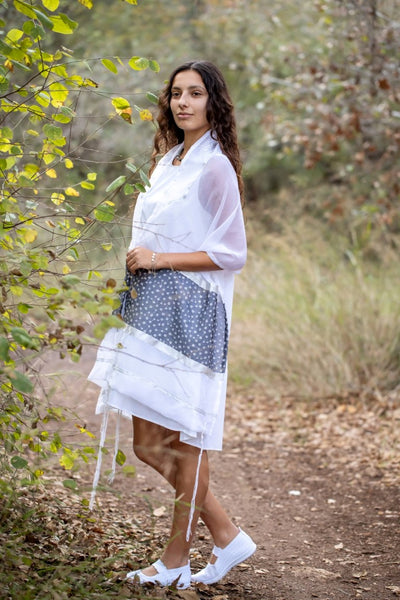 Handmade Sheer Tallit With Silver Dots, Women's Tallit, Girl's Tallit, Feminine Tallit, Bat Mitzvah Tallit wood