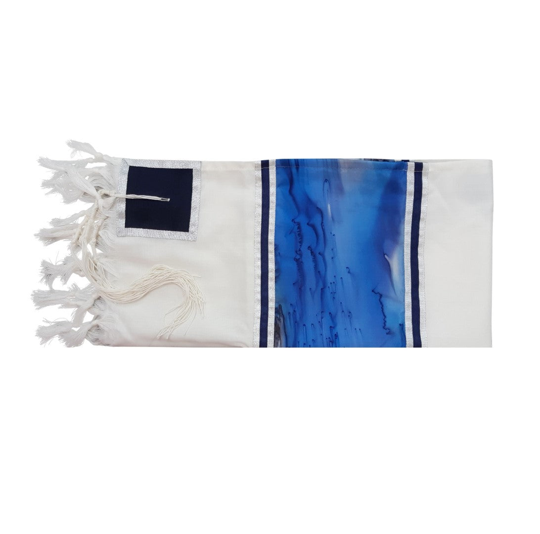 Moon Surface & Sea Hand Painted Silk on Wool Tallit, Bar Mitzva Tallit flat, Tzitzit