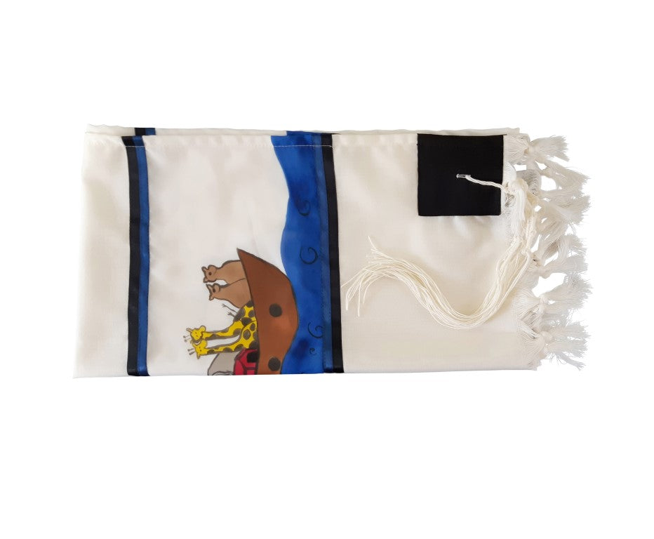 Noah's Ark Hand Painted Bar Mitzvah Tallit,  Modern Tallit for Boy flat 2