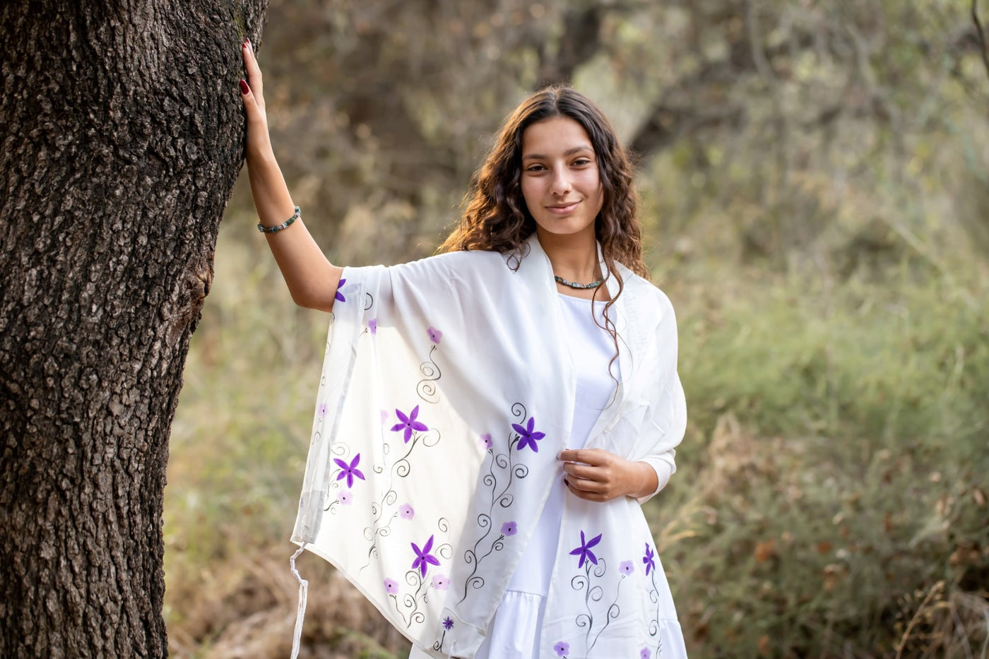 Purple Flowers Silk Tallit for girl, Bat Mitzvah Tallit, Tallit for Women forest 3