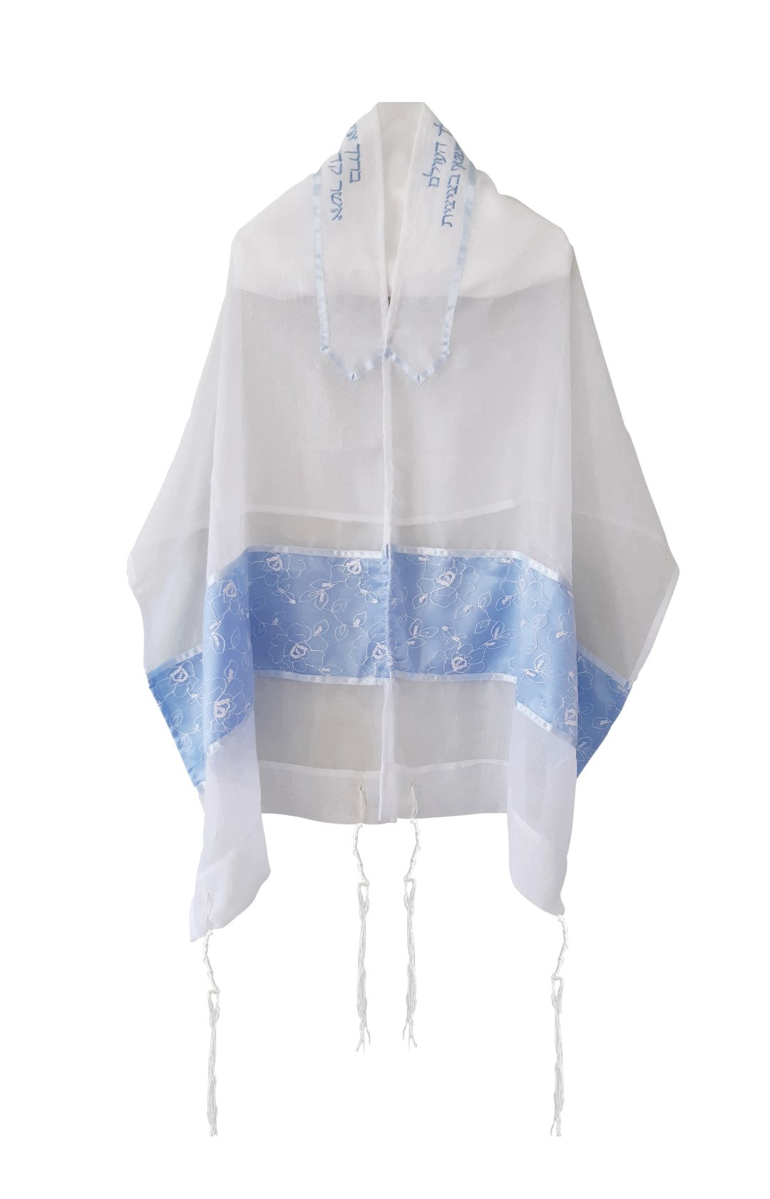Opaque Baby Blue and Silver Floral Tallit for women, Bat Mitzvah Tallit, Tallit for Girl