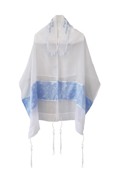 Opaque Baby Blue and Silver Floral Tallit for women, Bat Mitzvah Tallit, Tallit for Girl
