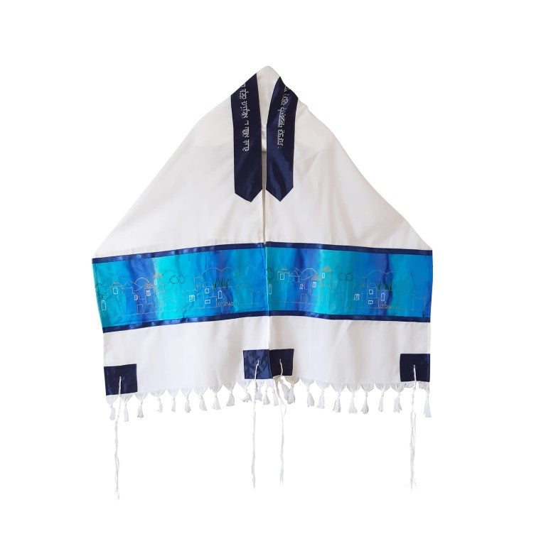 Tallit With Jerusalem Embroidery In Gold, Bar Mitzvah Tallit Set, Wool Tallit open